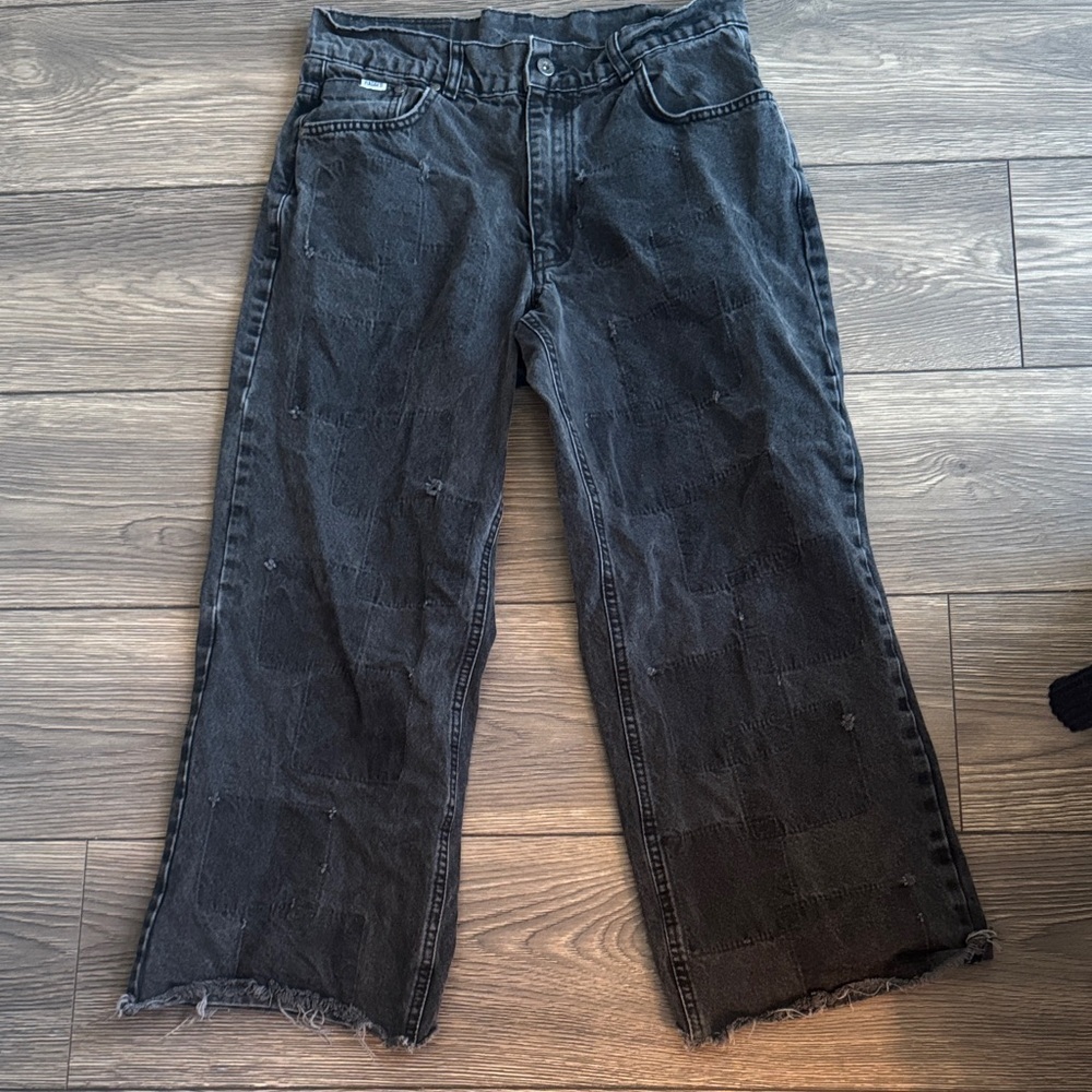 Black Distressed Wide-Leg Jeans